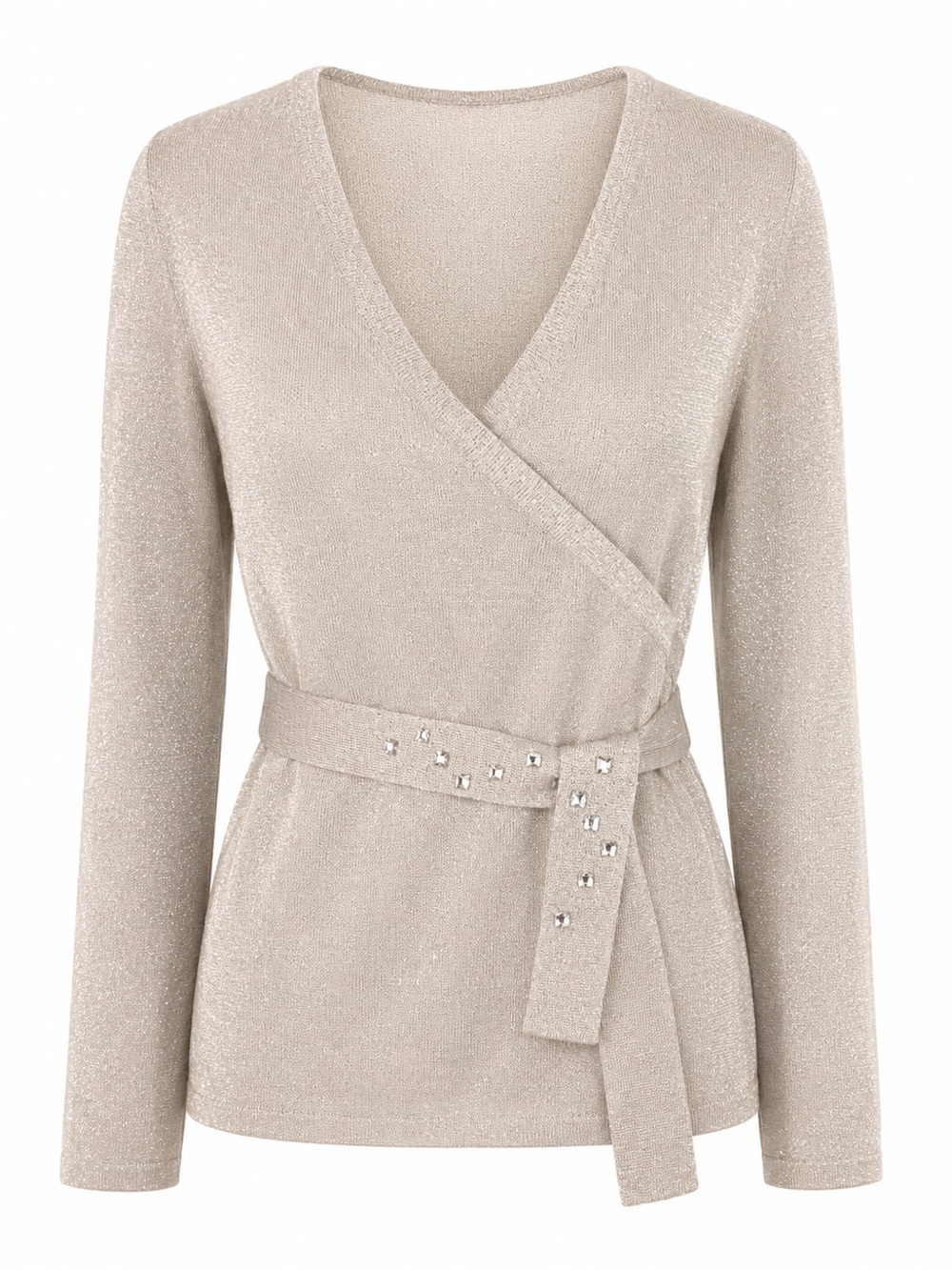 Nine & Co. Beige Metallic Wrap Belted Long-Sleeve Top - Picture 2 of 8
